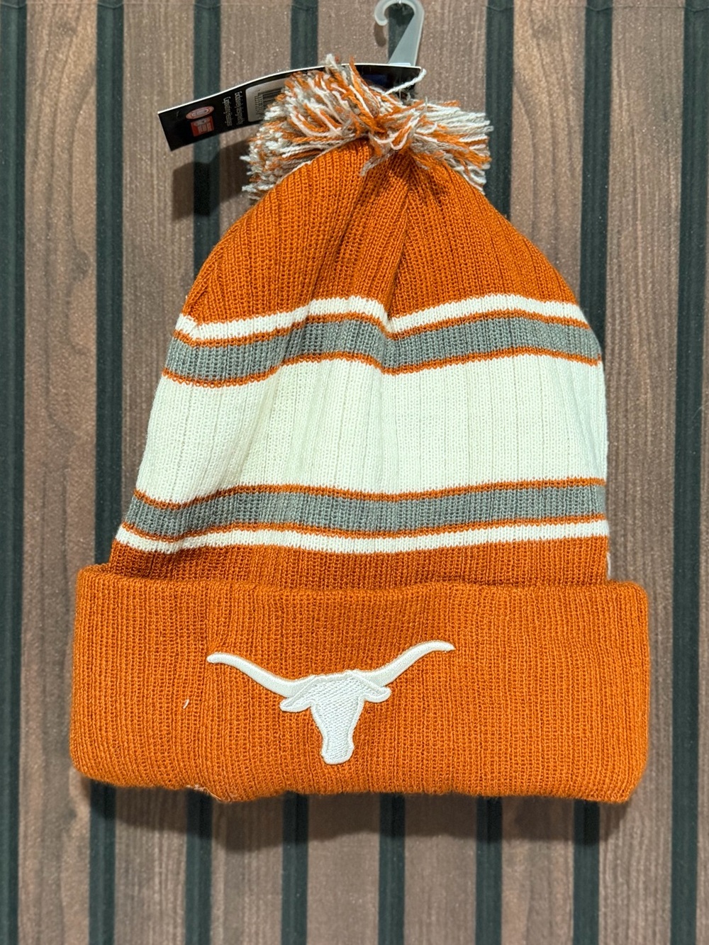 Texas Longhorns Striped Knit Beanie Pom Hat | Burnt Orange & White | NWT